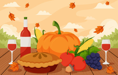 Happy Thanksgiving Food With Falling Leaves Background