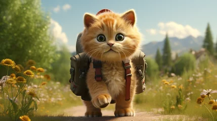 Tuinposter A cute kitten with a backpack going to school © Sergyi