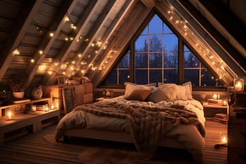 Cozy bedroom with abundant pillows, string lights, slanted ceiling, and window illuminated by lights. Generative AI - obrazy, fototapety, plakaty