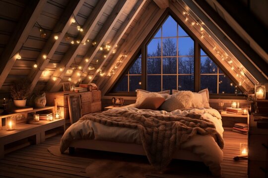 Cozy bedroom with abundant pillows, string lights, slanted ceiling, and window illuminated by lights. Generative AI
