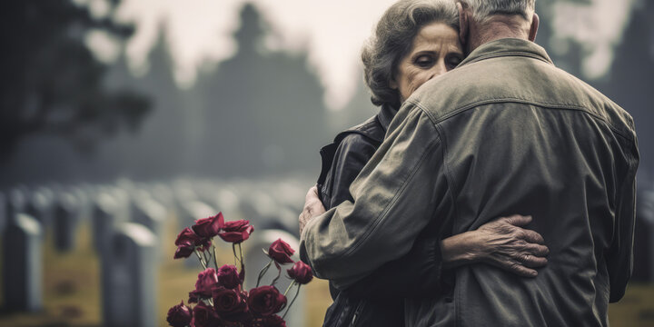 Touching scene of elderly couple embracing amid a serene cemetery. - Powered by Adobe