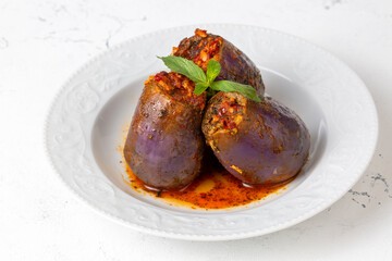 Traditional delicious Turkish foods; eggplant stuffed (patlican dolmasi)