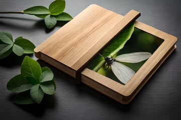 diary with wooden cover , scrap book with wooden cover, butterfly sitting on it, album with wooden cover , flowers and butterfly for decoration