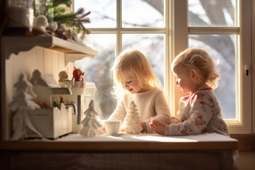 From their cozy cottage, two youngsters watch a snowy Christmas scene with a delightful snowman through the window. Festive delight.