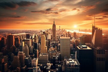 sunset view of Manhattan skyline from the Top of the Rock. Generative AI