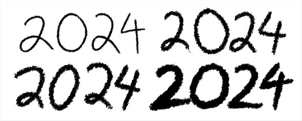 Set of messy hand drawn 2024 grunge calligraphic designs. Chalk hand writing 2024 isolated on white background. Vector Illustration. 