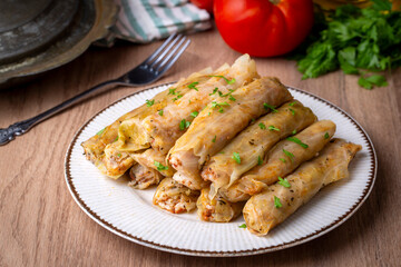 Lahana Sarma - Lahana sarmasi, Turkish traditional food,a boiled cabbage leaf that is formed into a roll with a stuffing of rice