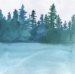 Watercolor winter snowy landscape, pine blue-green forest in haze and snow, snowdrifts, trees in the snow