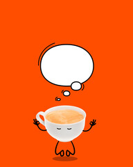 Time for meditation. Coffee cup sitting in yoga pose over orange background. Doddles. Creative colorful design. Concept of creativity, food and drink, taste, minimalism. Poster. Copy space for ad