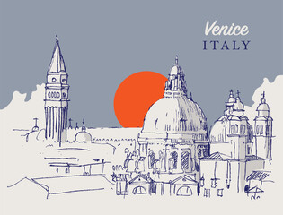 Drawing sketch illustration of St. Mark and Santa Maria della Salute basilica in Venice, Italy. - obrazy, fototapety, plakaty