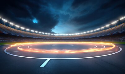 Circular asphalt racing track with cheering fans and illuminated floodlights. Professional digital 3d illustration of racing sports, Generative AI
