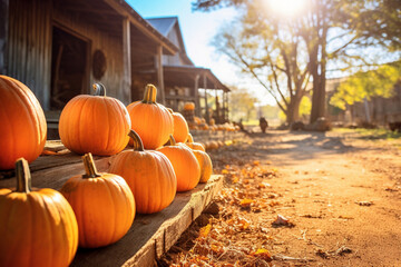 Naklejka na ściany i meble Pumpkins by a wooden barn in Southern countryside on a sunny autumn day.