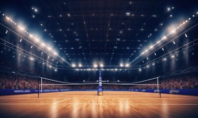 Sport arena interior and professional volleyball court and crowd of fans around. The player's view when serving. Digital 3D illustration, Generative AI - obrazy, fototapety, plakaty