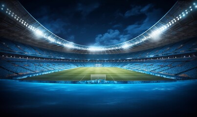 Sport stadium with grandstands full of fans, shining night lights and blue artificial surface. Digital 3D illustration of sport stadium for background, Generative AI - obrazy, fototapety, plakaty