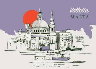 Drawing sketch illustration of the dome of St. Paul's cathedral in Valletta, Malta