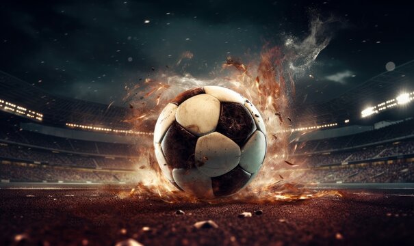 Football ball on the pitch in a thrilling night match. Generative AI