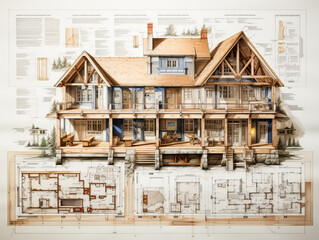 Charming vintage blueprint of a mountain chalet nestled in coniferous forest.