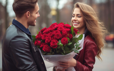 A young man is giving his girlfriend the bouquet of roses. Generative AI