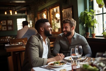 Gay male couple on a date at restaurant. The beginning of a gay couple's relationship. They have fun chatting, getting to know each other and drinking wine. - obrazy, fototapety, plakaty