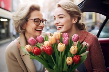 delighted young woman congratulating her mother with bouquet of fresh tulips - obrazy, fototapety, plakaty