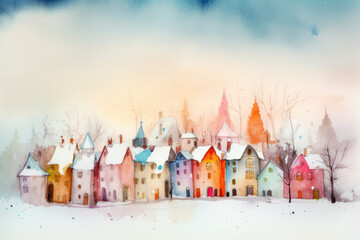 Cute Winter Town, watercolor. Fairy Tale Houses in the snow. Merry Christmas and Happy New Year. Winter or Christmas Festive Background, banner, poster, greeting card, copy space