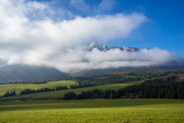 Peaks of Belianske Tatras under the clouds. Strednica, Zdiar, Slovakia.