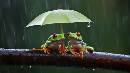 Two tree green frogs with umbrella in tree branch while raining