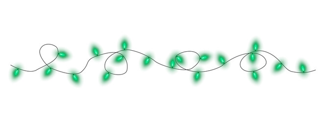 Green christmas glowing garland. Christmas lights. Colorful Christmas garland. The light bulbs on the wires are insulated. PNG.