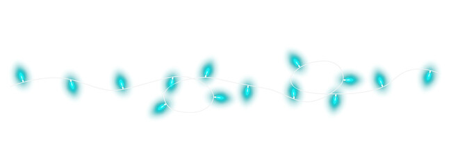 Dark turquoise christmas glowing garland. Christmas lights. Colorful Christmas garland. The light bulbs on the wires are insulated. PNG.