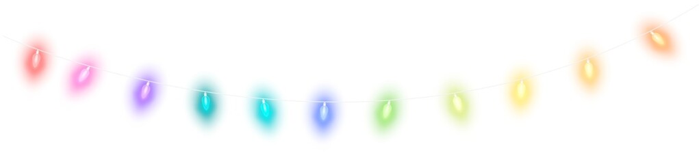 Multicolored christmas glowing garland. Christmas lights. Colorful Christmas garland. The light bulbs on the wires are insulated. PNG.
