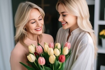 delighted young woman congratulating her mother with bouquet of fresh tulips