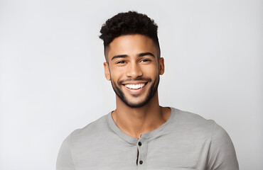 Portrait 25 year old male standing and smiling on isolated background