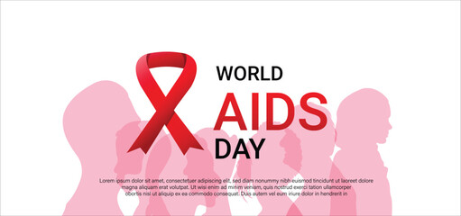 world AIDS day december 1 th. awareness red ribbon as Symbol HIV and Cancer. on white background. all ages, gender, and ethnicity people concept. vector for banner, poster and social media post - obrazy, fototapety, plakaty