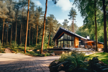 Obraz premium Beautiful large modern wooden house in the middle of nature, with large trees, on a brightful day, gorgeous landscape