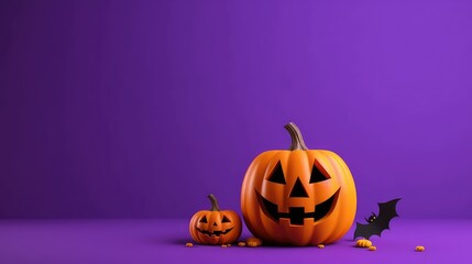 Halloween jack o lantern pumpkin on violet background, social media banner, trick or treat Halloween October 31st celebration illustration