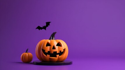 Halloween jack o lantern pumpkin on violet background, social media banner, trick or treat Halloween October 31st celebration illustration