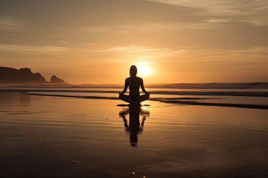 Woman meditating at the beach, serene, beautiful, calm, holistic, yoga, pilates, spiritual, relax, tranquil, zen, contemplation, inner peace - Powered by Adobe