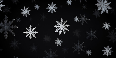Fototapeta na wymiar Beautiful Various Falling Snowflakes On A Black Background Created Using Artificial Intelligence