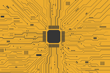 Black circuit diagram on yellow background. High-tech circuit board connection system.Central Computer Processors CPU concept. technology on white background. - obrazy, fototapety, plakaty
