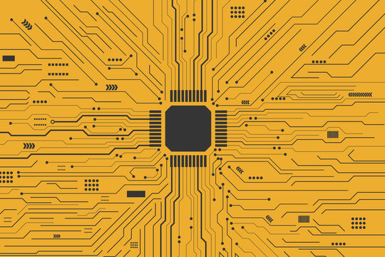 Black circuit diagram on yellow background. High-tech circuit board connection system.Central Computer Processors CPU concept. technology on white background.