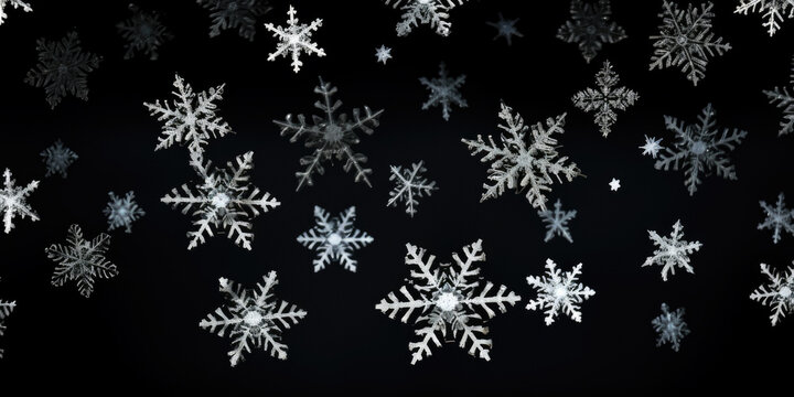 Beautiful Various Falling Snowflakes On A Black Background Created Using Artificial Intelligence