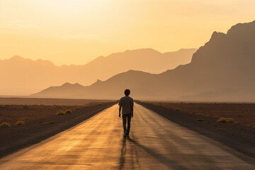 Silhouette of a man walking on the road in the desert - obrazy, fototapety, plakaty