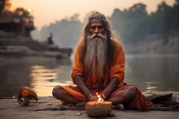 Photo of a bearded holy man enjoying the serene view of the Ganges river in India - created with Generative AI technology