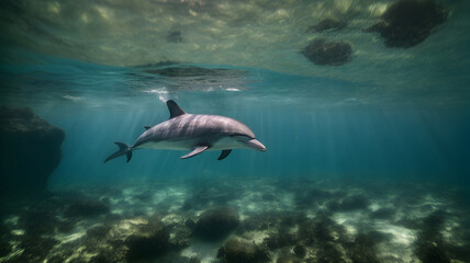  A happy dolphin swims underwater. 