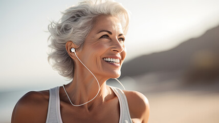 Portrait of a senior woman jogging on the beach background.
