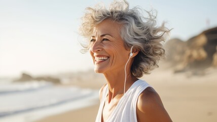Portrait of a senior woman jogging on the beach background. - Powered by Adobe