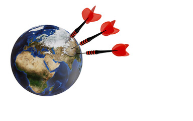 3D rendering of the world with darts on white background as a big target, target achievement, Business vision concept