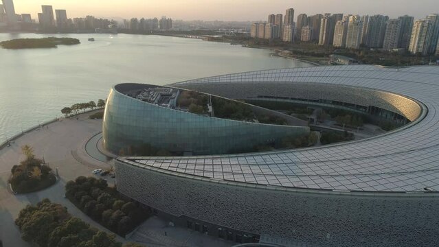 Suzhou, China - December 20, 2018: Aerial shot of Culture and Arts Centre, Jinji lake