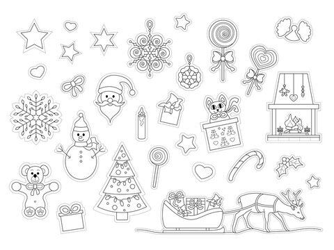 Set of characters and decor. Christmas theme. To color and cut out. Vector illustration.