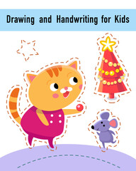 Drawing and handwriting for children. Educational activity game worksheet for kids. Cartoon funny characters. Vector illustration. 